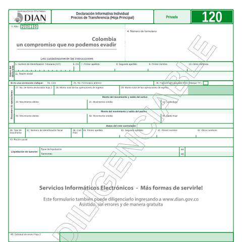 Vista previa del documento Declaración Informativa Individual Precios de Transferencia (Hoja Principal) — Año 2011, Colombia (CERFA n°F120-2011)