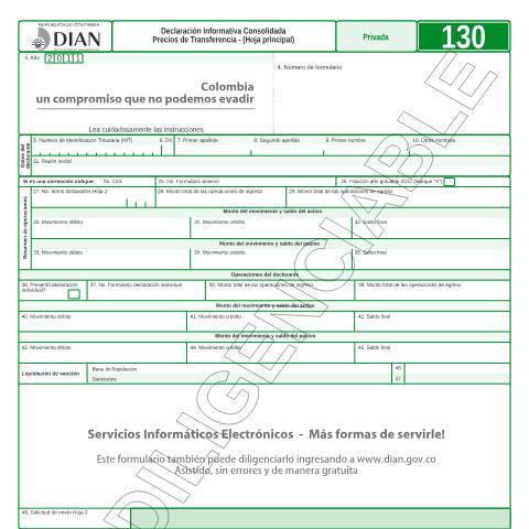 Vista previa del documento Declaración Informativa Consolidada Precios de Transferencia - (Hoja principal) — Año 2012, Colombia (CERFA n°F130-2012)