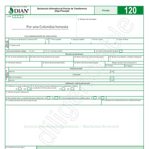 Vista previa del documento Declaración Informativa Individual Precios de Transferencia - Resolución 4 de enero 15 de 2019 — Año 2019, Colombia (CERFA n°F120-2019)