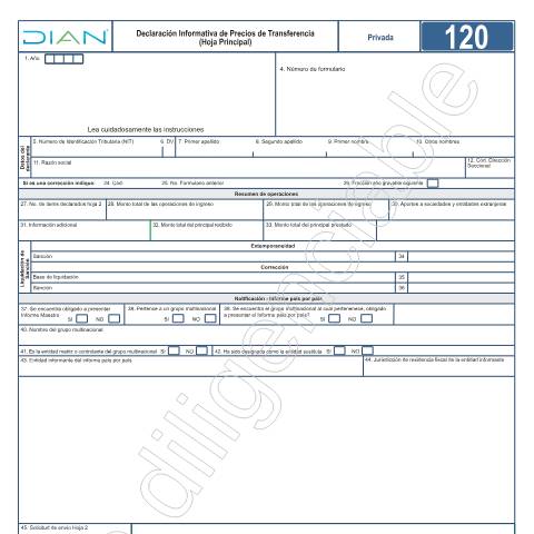 Vista previa del documento Declaración informativa de Precios Transferencia – Resolución 00019 de marzo 10 de 2020. — Año 2023, Colombia (CERFA n°F120-2023)