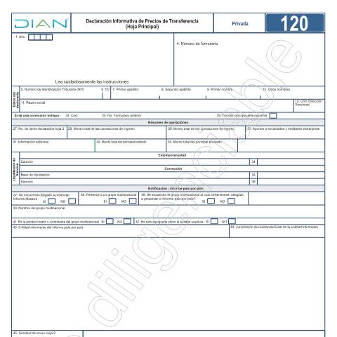 Vista previa del documento Declaración informativa de Precios Transferencia – Resolución 00019 de marzo 10 de 2020. — Año 2025, Colombia (CERFA n°F120-2025)
