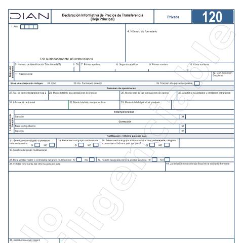 Vista previa del documento Declaración informativa de Precios Transferencia – Resolución 00019 de marzo 10 de 2020. — Año 2026, Colombia (CERFA n°F120-2026)