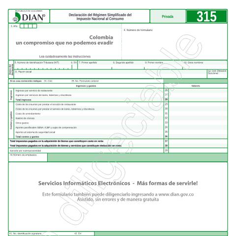 Vista previa del documento Declaración del Régimen Simplificado del Impuesto Nacional al Consumo — Año 2015, Colombia (CERFA n°F315-2015)