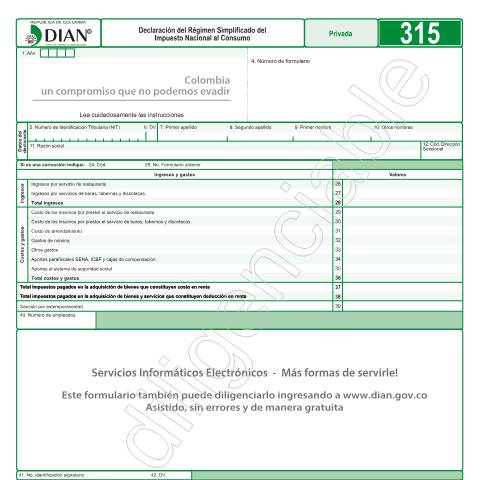 Vista previa del documento Declaración del Régimen Simplificado del Impuesto Nacional al Consumo — Año 2017, Colombia (CERFA n°F315-2017)