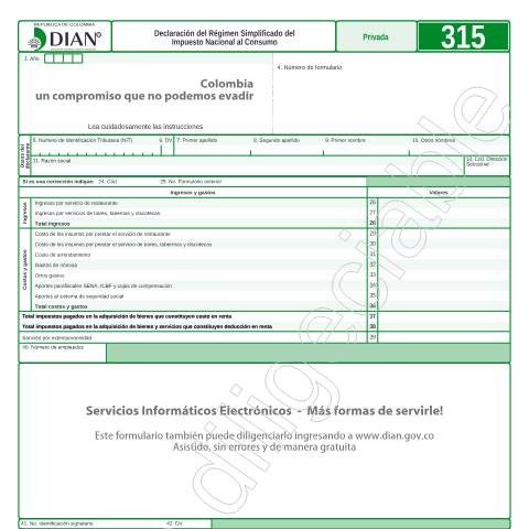 Vista previa del documento Declaración del Régimen Simplificado del Impuesto Nacional al Consumo — Año 2016, Colombia (CERFA n°F315-2016)