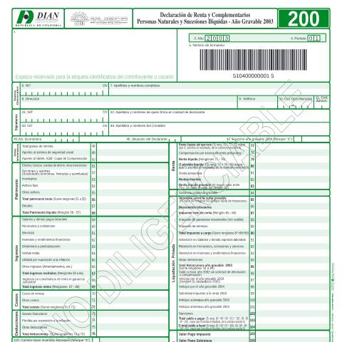Vista previa del documento Declaración de renta y complementarios personas naturales y sucesiones ilíquidas - año gravable 2003 — Año 2004, Colombia (CERFA n°F200-2004)