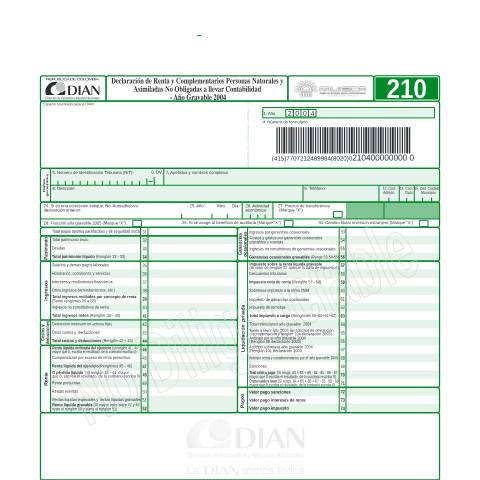 Vista previa del documento Declaración de renta y complementarios personas naturales y asimiladas no obligadas a llevar contabilidad - año gravable 2004 — Año 2005, Colombia (CERFA n°F210-2005)