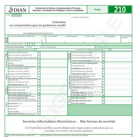 Vista previa del documento Declaración de Renta y Complementarios Personas Naturales y Asimiladas No Obligadas a llevar Contabilidad — Año 2011, Colombia (CERFA n°F210-2011)