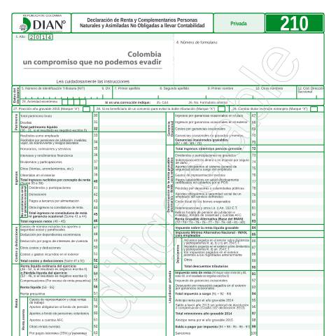 Vista previa del documento Declaración de Renta y Complementarios Personas Naturales y Asimiladas No Obligadas a llevar Contabilidad — Año 2015, Colombia (CERFA n°F210-2015)
