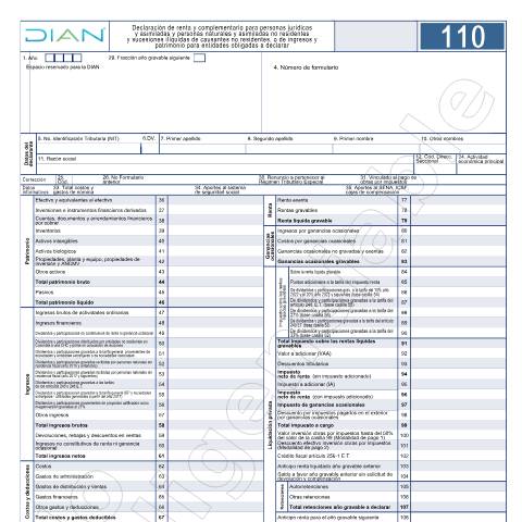 Vista previa del documento Declaración de renta y complementario para personas jurídicas y asimiladas y personas naturales y asimiladas no residentes y sucesiones ilíquidas de causantes no residentes o de ingresos y patrimonio para entidades obligadas a declarar. Res 000022 de 2023 — Año 2023, Colombia (CERFA n°F110-2023)