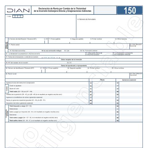 Vista previa del documento Declaración de Renta por Cambio de la Titularidad de la Inversión Extranjera Directa y Enajenaciones Indirectas - Resolución 000018 del 17 de febrero de 2021. — Año 2025, Colombia (CERFA n°F150-2025)