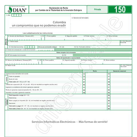 Vista previa del documento Declaración de Renta por Cambio de la Titularidad de la Inversión Extrajera — Año 2017, Colombia (CERFA n°F150-2017)