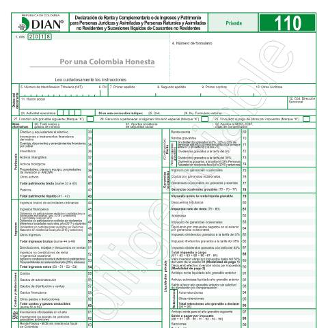 Vista previa del documento Declaración de Renta y Complementario o de Ingresos y Patrimonio para Personas Jurídicas y Asimiladas y Personas Naturales y Asimiladas no Residentes y Sucesiones Ilíquidas de Causantes no Residentes - Resolución 16 de marzo 7 de 2019 — Año 2019, Colombia (CERFA n°F110-2019)