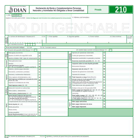 Vista previa del documento Declaración de Renta y Complementarios Personas Naturales y Asimiladas No Obligadas a llevar Contabilidad — Año 2008, Colombia (CERFA n°F210-2008)
