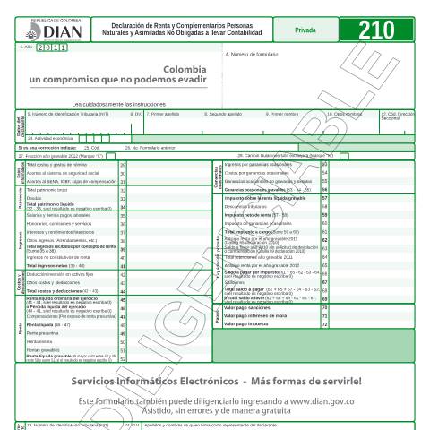 Vista previa del documento Declaración de Renta y Complementarios Personas Naturales y Asimiladas No Obligadas a llevar Contabilidad — Año 2012, Colombia (CERFA n°F210-2012)