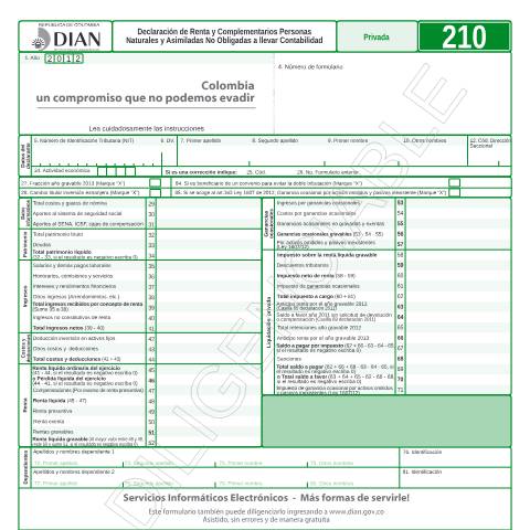 Vista previa del documento Declaración de Renta y Complementarios Personas Naturales y Asimiladas No Obligadas a llevar Contabilidad — Año 2013, Colombia (CERFA n°F210-2013)