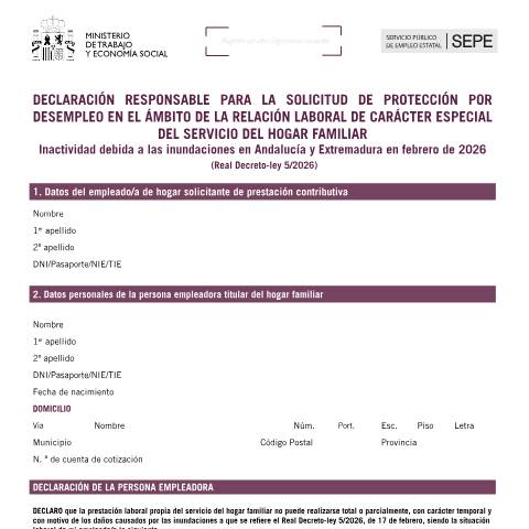 Vista previa del documento Declaración responsable por las inundaciones en Andalucía y Extremadura de las empleadas de hogar. Febrero 2026. — Servicio Público de Empleo Estatal (SEPE) — Impresos prestaciones por desempleo, España