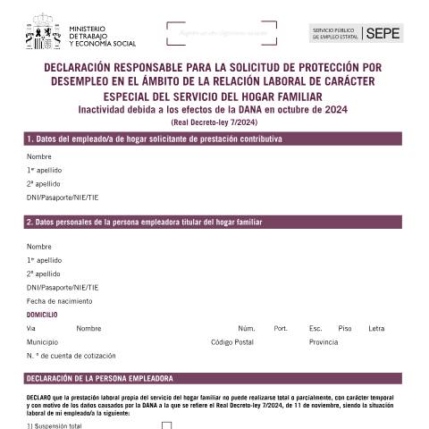 Vista previa del documento Declaración responsable para la solicitud de protección por desempleo en el ámbito de la relación laboral de carácter especial del servicio del hogar familiar — Servicio Público de Empleo Estatal (SEPE) — Impresos prestaciones por desempleo, España
