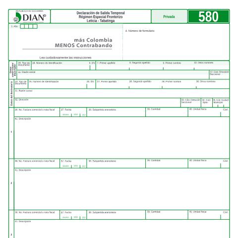 Vista previa del documento Declaración de Salida Temporal Régimen Especial Fronterizo Leticia - Tabatinga — Año 2015, Colombia (CERFA n°F580-2015)