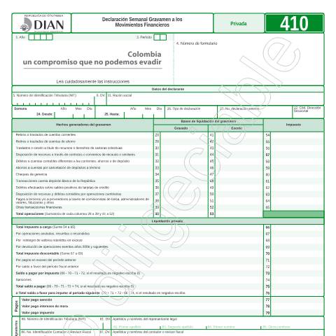Vista previa del documento Declaración Semanal Gravamen a los Movimientos Financieros — Año 2014, Colombia (CERFA n°F410-2014)