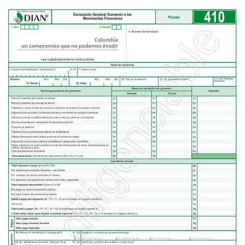Vista previa del documento Declaración Semanal Gravamen a los Movimientos Financieros — Año 2017, Colombia (CERFA n°F410-2017)