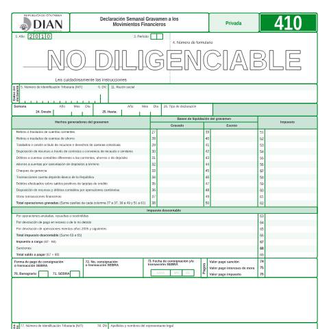 Vista previa del documento Declaración Semanal Gravamen a los Movimientos Financieros — Año 2010, Colombia (CERFA n°F410-2010)