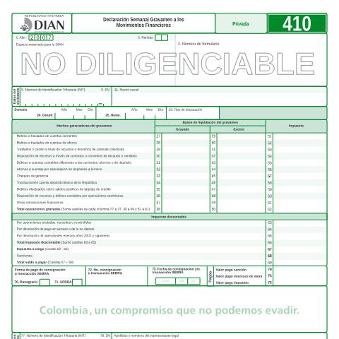 Vista previa del documento Declaración semanal gravamen a los movimientos financieros — Año 2007, Colombia (CERFA n°F410-2007)