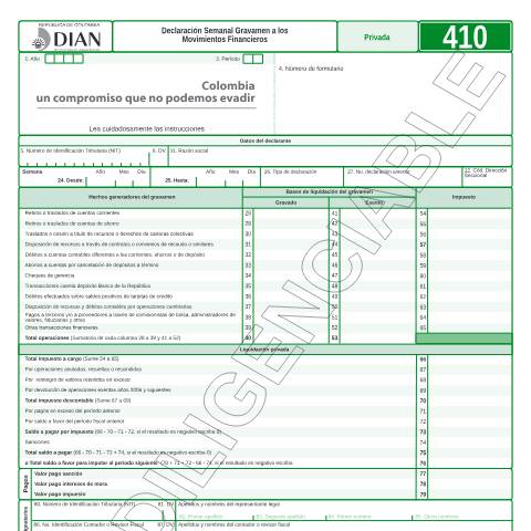 Vista previa del documento Declaración Semanal Gravamen a los Movimientos Financieros — Año 2013, Colombia (CERFA n°F410-2013)