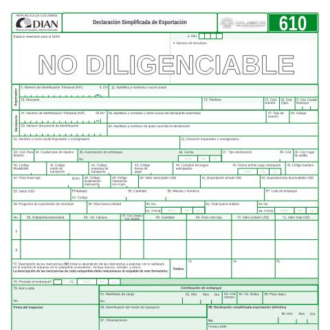Vista previa del documento Declaración simplificada de exportación — Año 2006, Colombia (CERFA n°F610-2006)