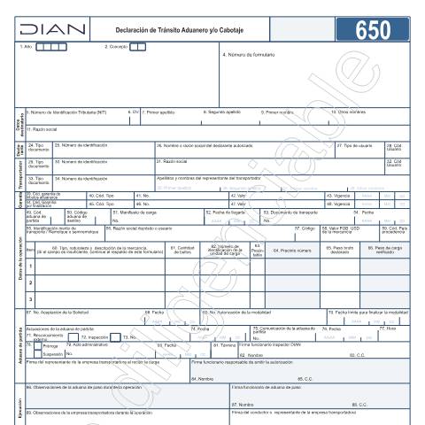 Vista previa del documento Declaración de Tránsito Aduanero y/o Cabotaje. — Año 2026, Colombia (CERFA n°F650-2026)