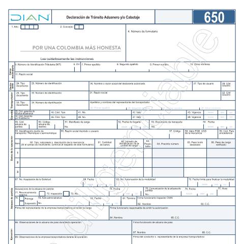 Vista previa del documento Declaración de Tránsito Aduanero y/o Cabotaje — Año 2023, Colombia (CERFA n°F650-2023)