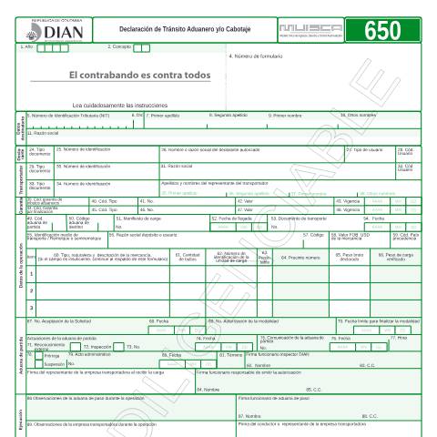 Vista previa del documento Declaración de Tránsito Aduanero y/o Cabotaje — Año 2011, Colombia (CERFA n°F650-2011)