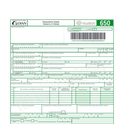 Vista previa del documento Declaración de tránsito aduanero y/o cabotaje año 2005 — Año 2005, Colombia (CERFA n°F650-2005)