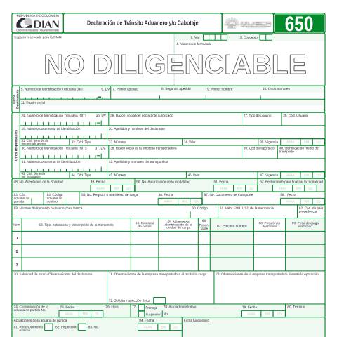 Vista previa del documento Declaración de tránsito aduanero y/o cabotaje — Año 2006, Colombia (CERFA n°F650-2006)
