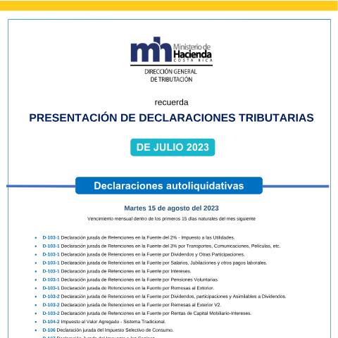 Vista previa del documento Declaraciones Tributarias Julio 2023 — Declaración / Modelo tributario, Costa Rica (CERFA n°DeclaracionesTributariasJulio2023)