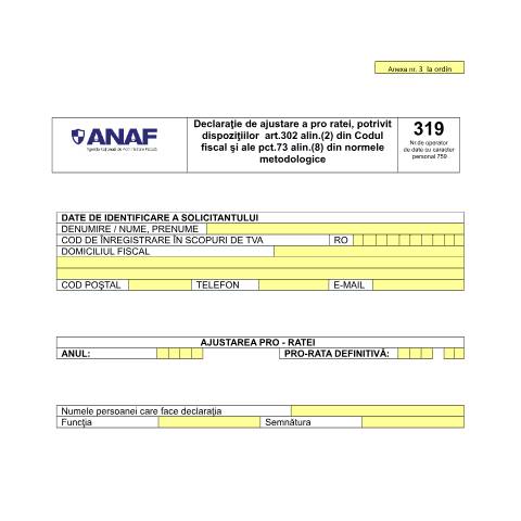 Document preview: Declarație de ajustare a pro-ratei, potrivit dispozițiilor art. 302 alin. (2) din Codul fiscal și ale pct. 73 alin. (8) din normele metodologice (OPANAF 2810/2016) — Alte declarații, România (CERFA n°319_A3_OPANAF_2810_2016)