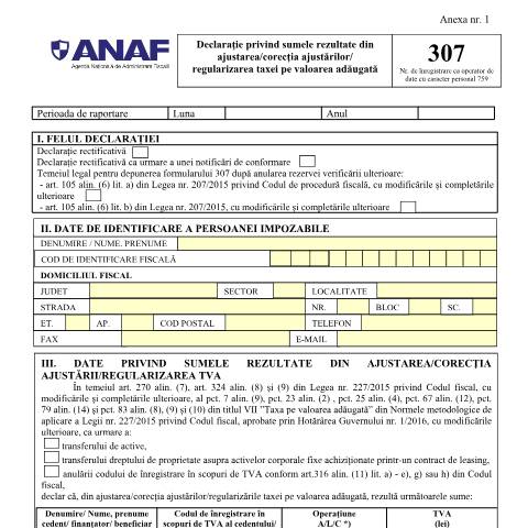 Document preview: Declarația privind sumele rezultate din ajustarea/corecția ajustărilor/regularizarea taxei pe valoarea adăugată (OPANAF 793/2016, cu modificările și completările ulterioare) — Declarații impunere, România (CERFA n°307_OPANAF_779_2024)