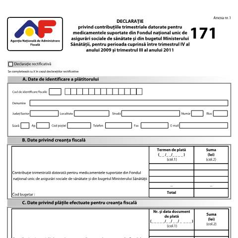 Document preview: Declarație privind contribuțiile trimestriale datorate pentru medicamentele suportate din Fondul național unic de asigurări sociale de sănătate și din bugetul Ministerului Sănătății, pentru perioada cuprinsă între trimestrul IV al anului 2009 și trimestrul III al anului 2011 (OMFP 1151/2012) — Declarații impunere, România (CERFA n°decl_171_2012)