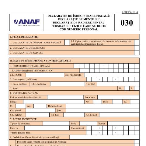 Document preview: Declarație de înregistrare fiscală/declarație de mențiuni/declarație de radiere pentru persoanele fizice care nu dețin cod numeric personal (OPANAF 1699/2021, cu modificările și completările ulterioare) — Declarații de înregistrare fiscală, România (CERFA n°D_030_OPANAF_15_2026)