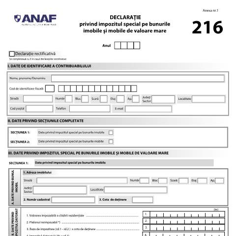 Document preview: Declarație privind impozitul special pe bunurile imobile și mobile de valoare mare (OPANAF 3738/2024) — Declarații impunere, România (CERFA n°D216_OPANAF_3738_2024)