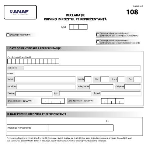 Document preview: Declarație privind impozitul pe reprezentanță (OPANAF 3391/2017) — Declarații impunere, România (CERFA n°108_OPANAF_3391_2017)