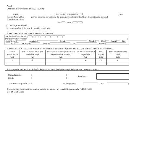 Document preview: Declarație informativă privind impozitul pe veniturile din transferul proprietăților imobiliare din patrimoniul personal (Ordinul comun al MFP/MJ nr.1022/2562/2016, cu modificările și completările ulterioare) — Declarații informative, România (CERFA n°208_OPANAF_253_2024)