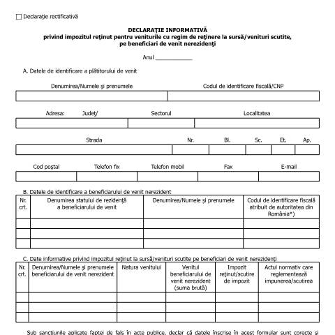Document preview: Anexă la normele metodologice de aplicare a prevederilor titlului VI din Codul fiscal - Declarație informativă privind impozitul reținut pentru veniturile cu regim de reținere la sursă/venituri scutite, pe beneficiari de venit nerezidenți - (HG 1/2016) — Alte documente, România (CERFA n°AnexaNM_T6CF)