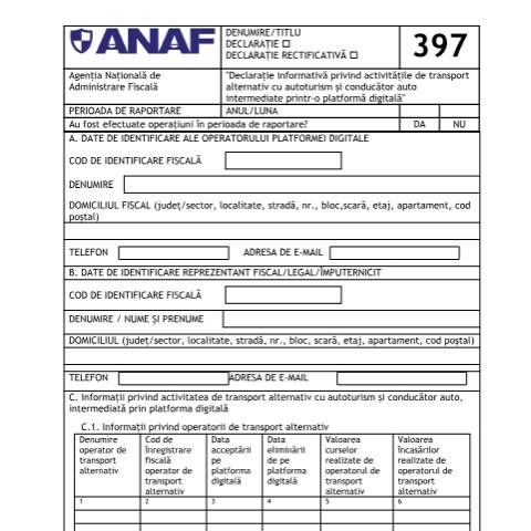 Document preview: Declarație informativă privind activitățile de transport alternativ cu autoturism și conducător auto intermediate printr-o platformă digitală" (OPANAF 382/2025) — Declarații informative, România (CERFA n°397_OPANAF_382_2025)