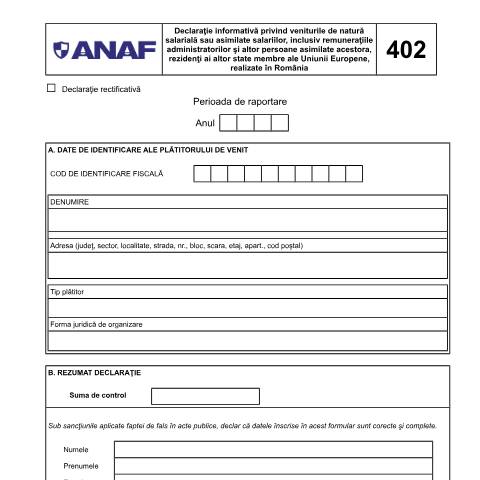 Document preview: Declarație informativă privind veniturile de natură salarială sau asimilate salariilor, inclusiv remunerațiile administratorilor și ale altor persoane asimilate acestora, rezidenți ai altor state membre ale Uniunii Europene, realizate în România (OPANAF 2727/2015) — Declarații informative, România (CERFA n°402_OPANAF2727_2015)