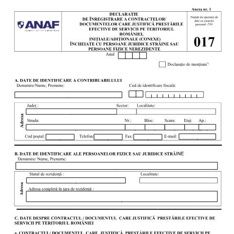 Document preview: Declarație de înregistrare a contractelor/documentelor care justifică prestările efective de servicii pe teritoriul României, inițiale/adiționale (conexe), încheiate cu persoane juridice străine sau persoane fizice nerezidente (OPANAF 2994/2016) — Alte declarații, România (CERFA n°017_A1_OPANAF_2994_2016)