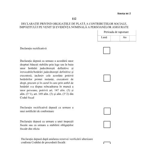 Document preview: Declarație privind obligațiile de plată a contribuțiilor sociale, impozitului pe venit și evidența nominală a persoanelor asigurate (Ordinul comun ANAF/CNPP/CNAS/ANOFM nr. 2066/248/1377/3103/2025) — Declarații impunere, România (CERFA n°D112_OPANAF_2066_2025)