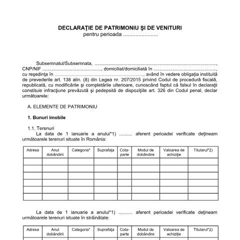Document preview: Declarație de patrimoniu și de venituri pentru perioada …… (OPANAF 3704/2015) — Alte declarații, România (CERFA n°DeclaratiePatrimoniu_2016)