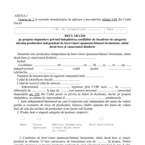 Document preview: Anexa 2 la normele metodologice de aplicare a prevederilor titlului VIII din Codul fiscal - Declarație pe propria răspundere privind îndeplinirea condițiilor de încadrare în categoria mică fabrică de bere/mică distilerie - (HG 1/2016) — Alte documente, România (CERFA n°A2_NMT8CF)