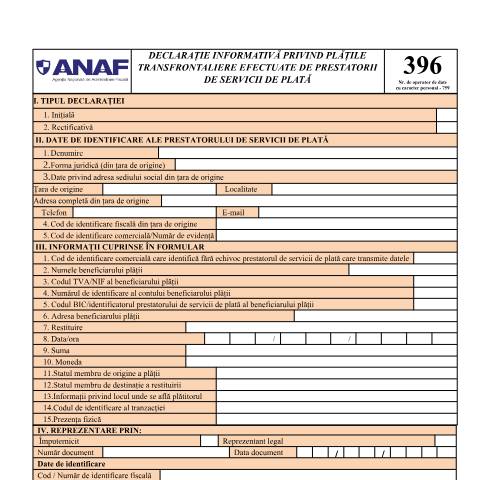 Document preview: Declarație informativă privind plățile transfrontaliere efectuate de prestatorii de servicii de plată (OPANAF 825/2024) — Declarații informative, România (CERFA n°396_2024)